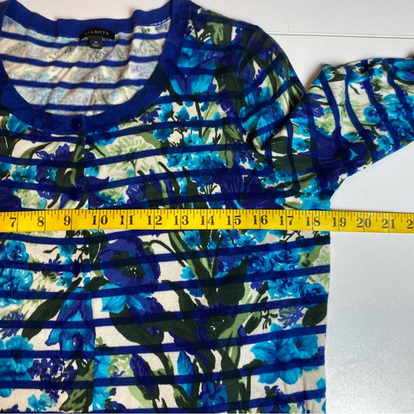 TALBOTS Womens Cardigan Blue Floral Print Button Front Cotton Blend Sz M - Picture 5 of 7